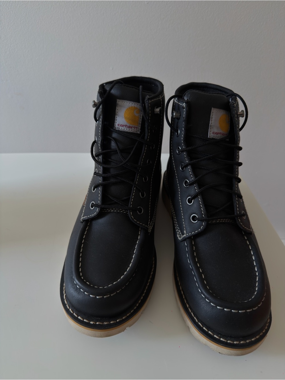 Carhartt Black Leather Moc Toe Work Boots with Tan Outsole